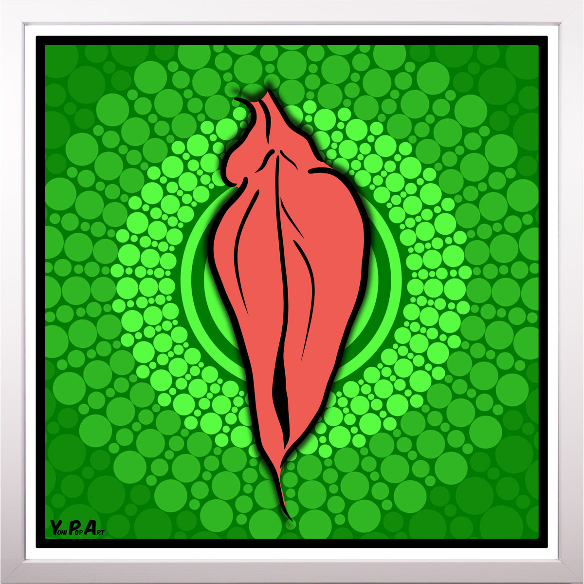 YoniPopArt "Pink flaps on green points 3" inklusive Echtholz-Rahmen