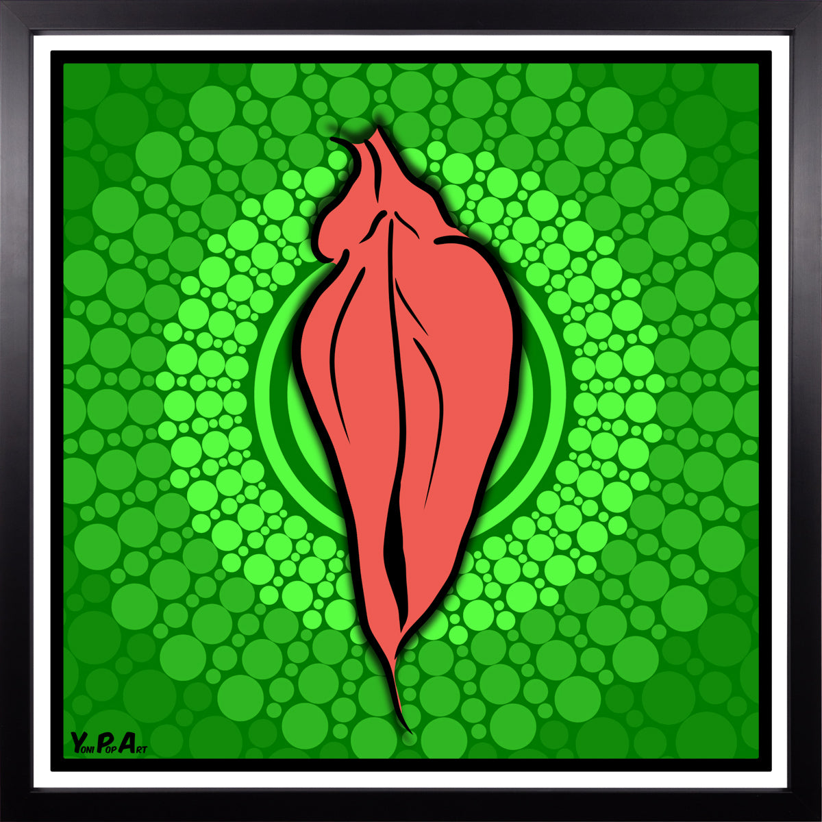 YoniPopArt "Pink flaps on green points 3" inklusive Echtholz-Rahmen