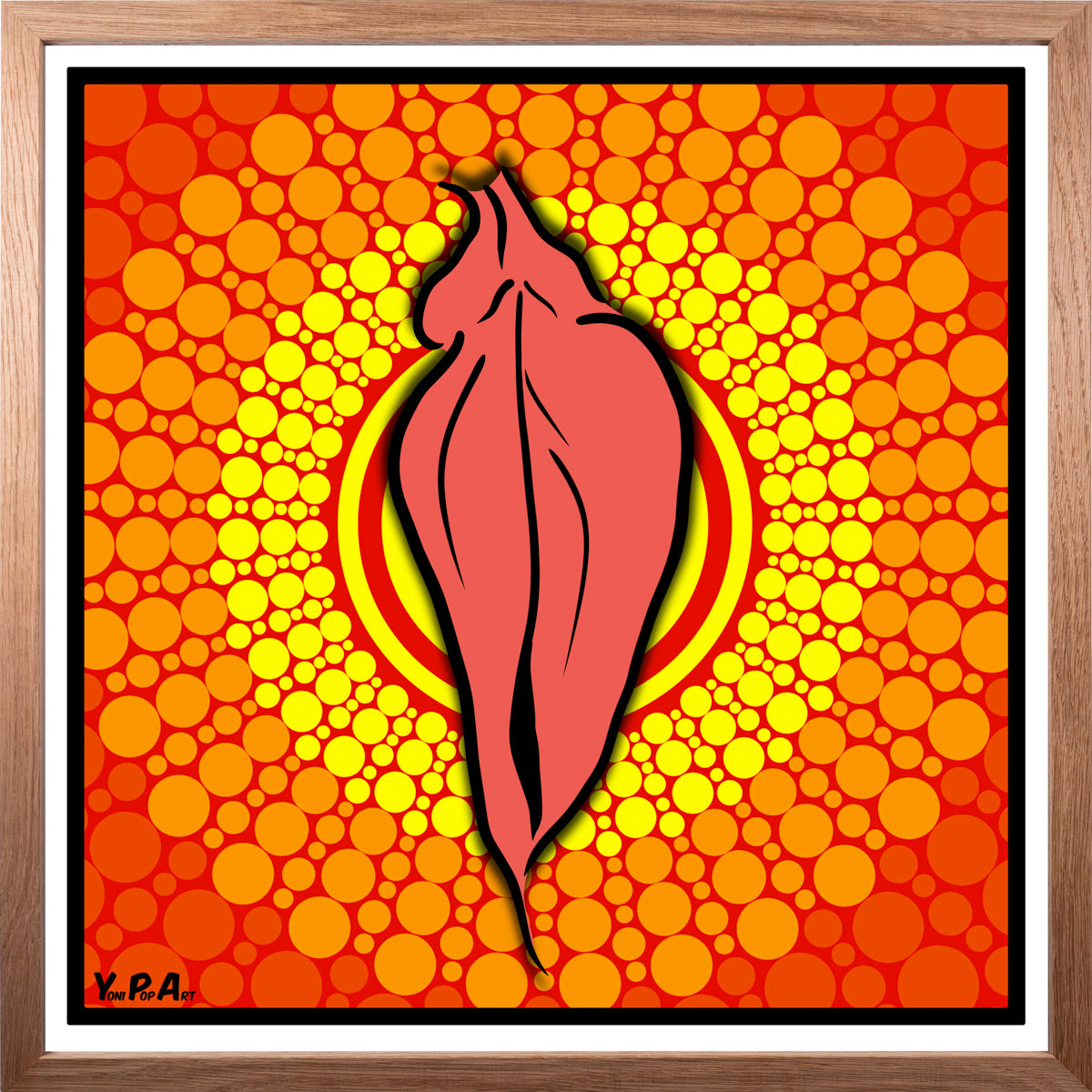 YoniPopArt "Pink flaps on orange points 3" inklusive Echtholz-Rahmen
