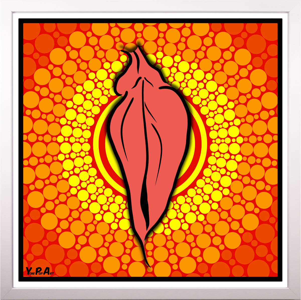 YoniPopArt "Pink flaps on orange points 3" inklusive Echtholz-Rahmen
