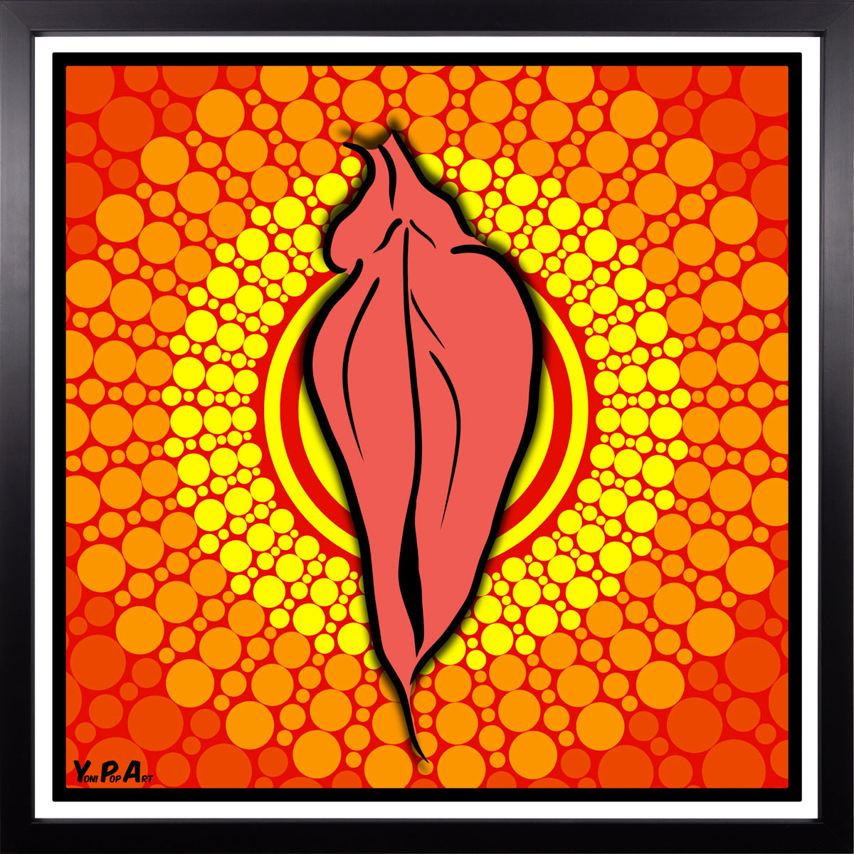 YoniPopArt "Pink flaps on orange points 3" inklusive Echtholz-Rahmen