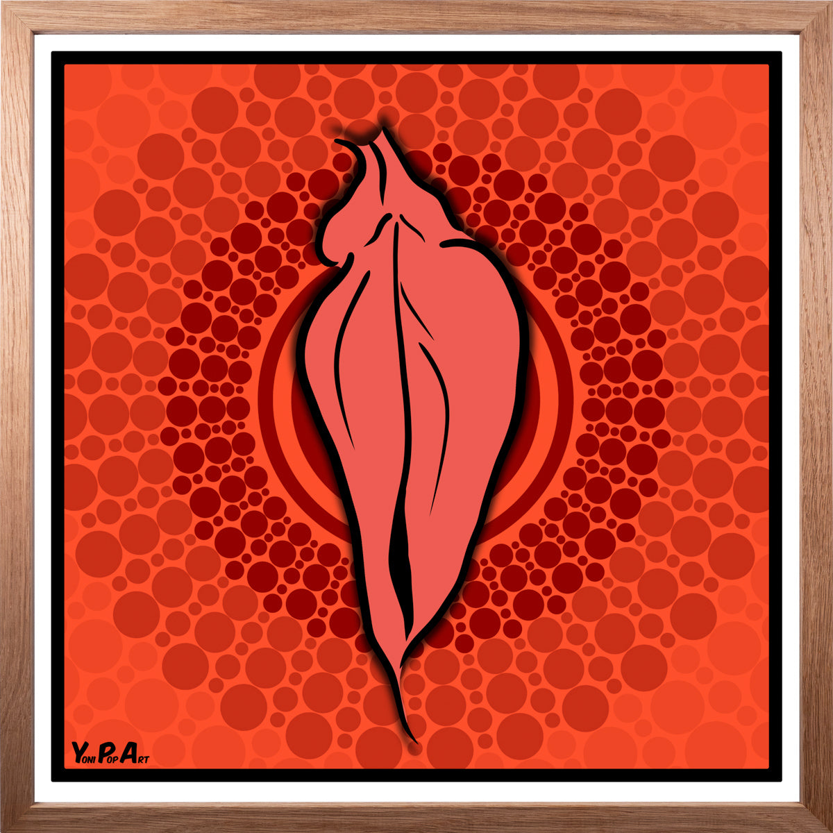 YoniPopArt "Pink flaps on red points 3" inklusive Echtholz-Rahmen