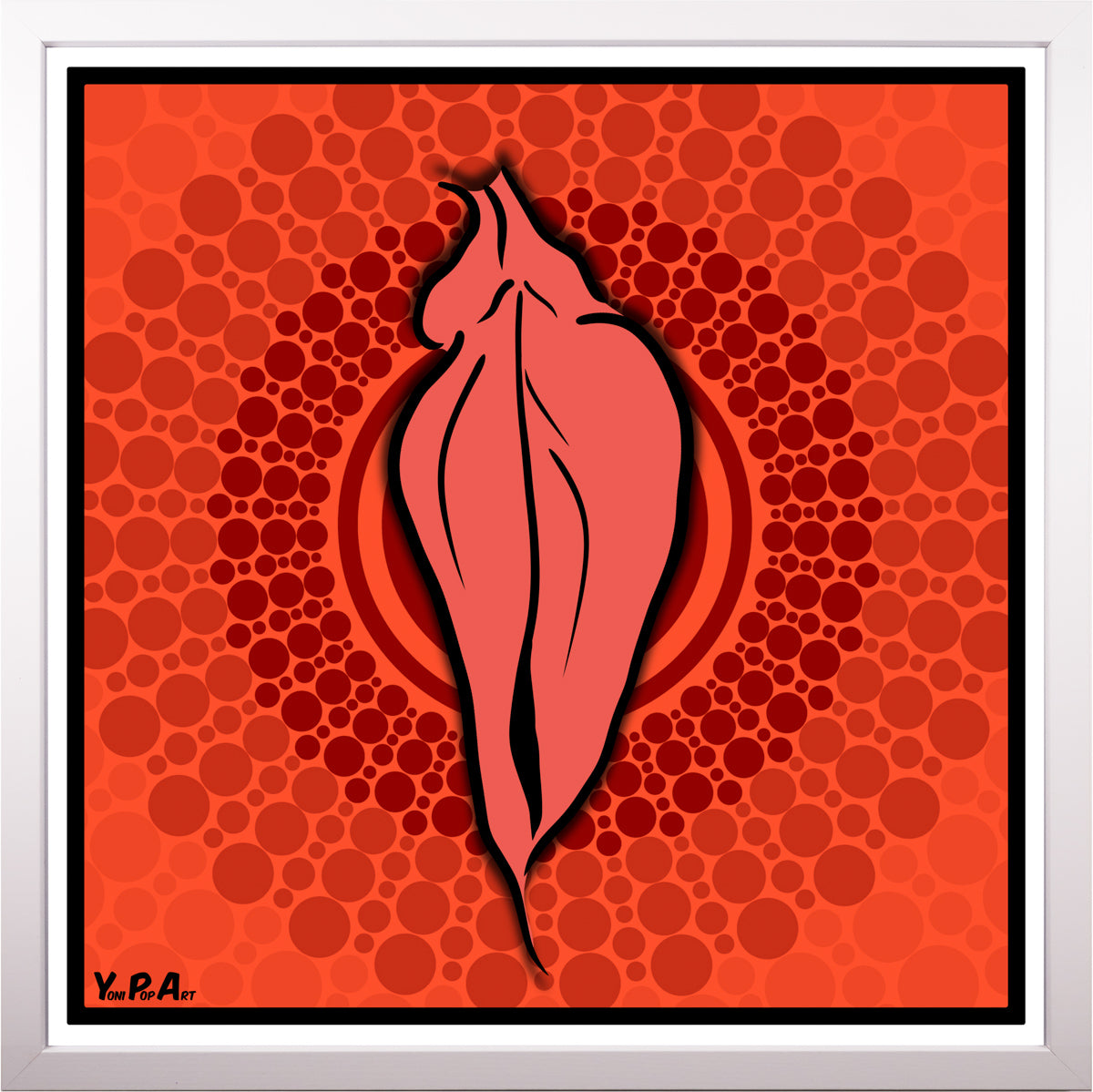 YoniPopArt "Pink flaps on red points 3" inklusive Echtholz-Rahmen