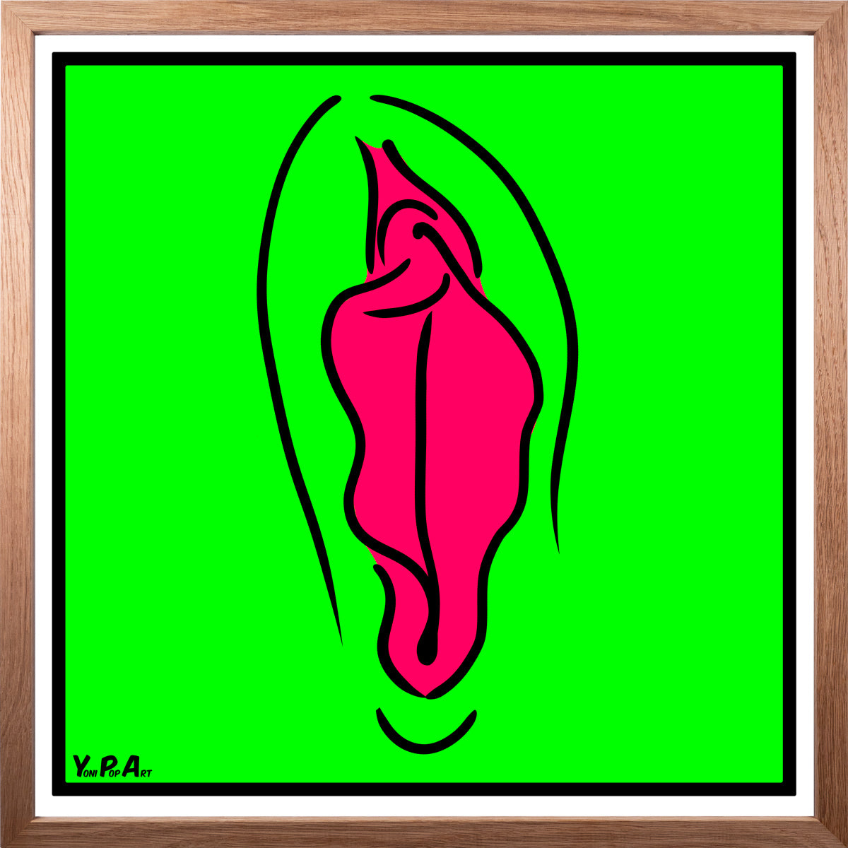 YoniPopArt "Pink on green" inklusive Echtholz-Rahmen