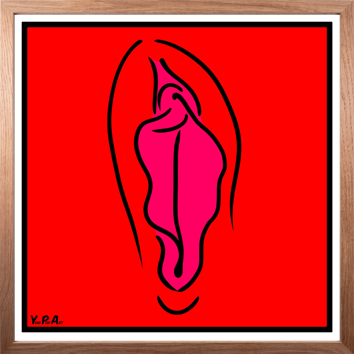 YoniPopArt "Pink on red" inklusive Echtholz-Rahmen