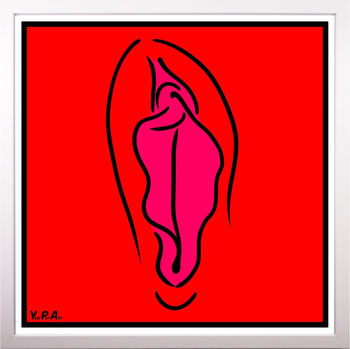 YoniPopArt "Pink on red" inklusive Echtholz-Rahmen