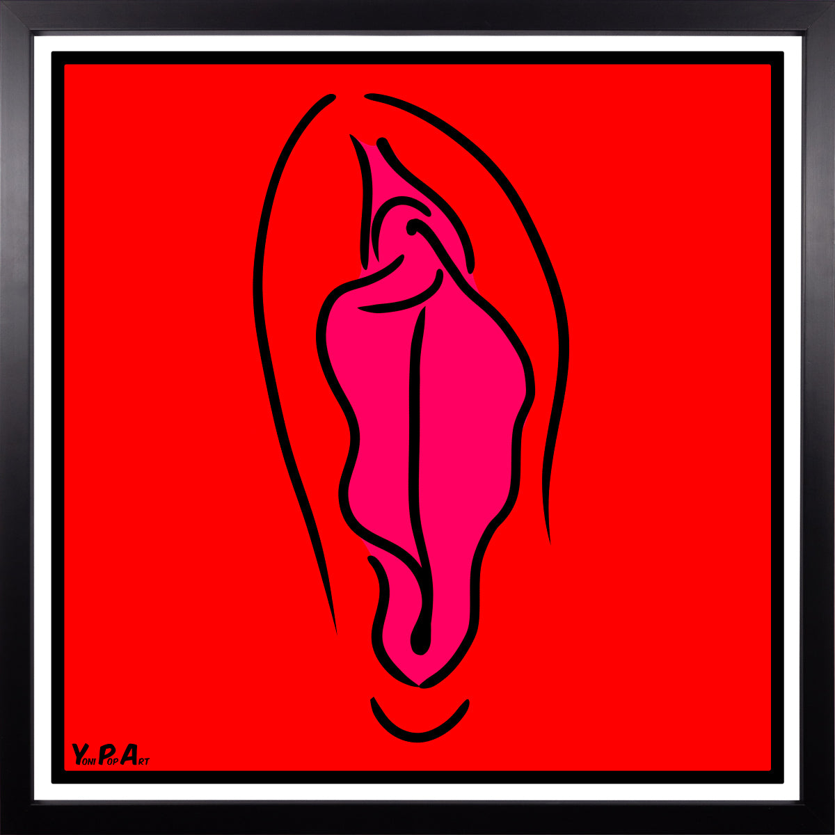 YoniPopArt "Pink on red" inklusive Echtholz-Rahmen
