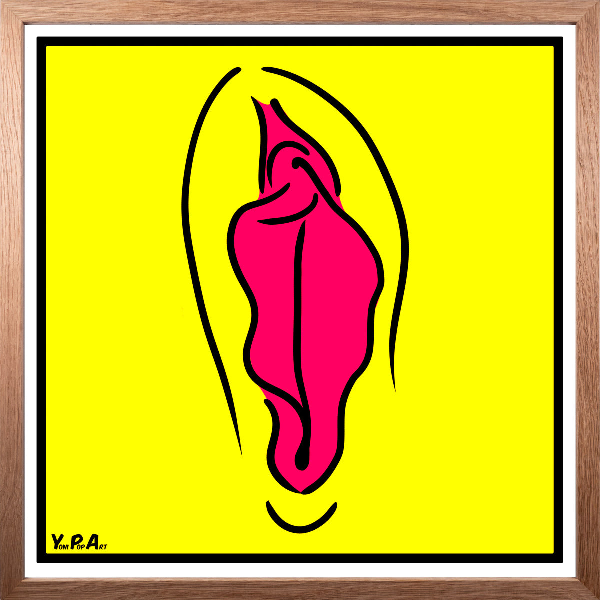 YoniPopArt "Pink on yellow" inklusive Echtholz-Rahmen