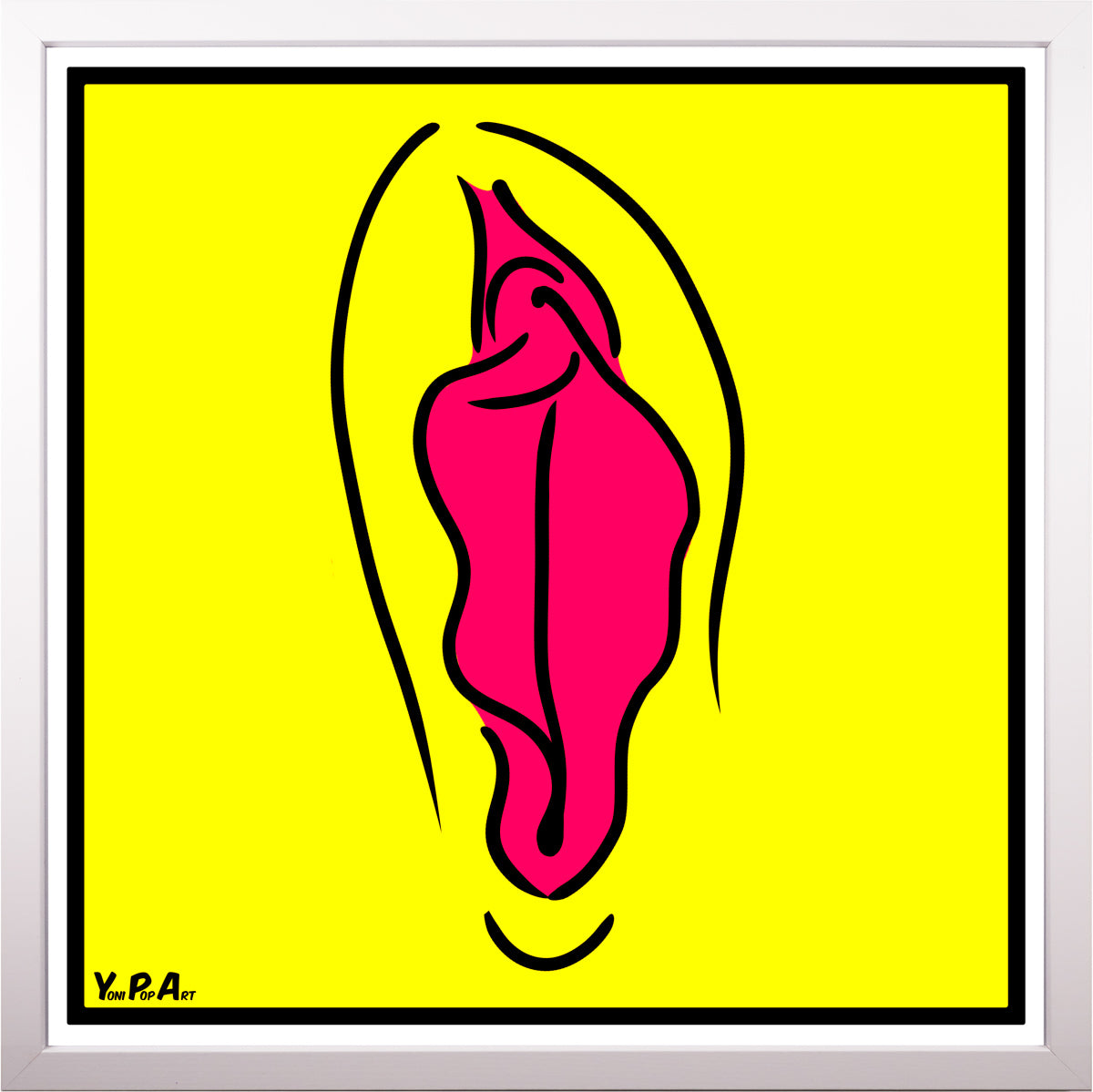 YoniPopArt "Pink on yellow" inklusive Echtholz-Rahmen