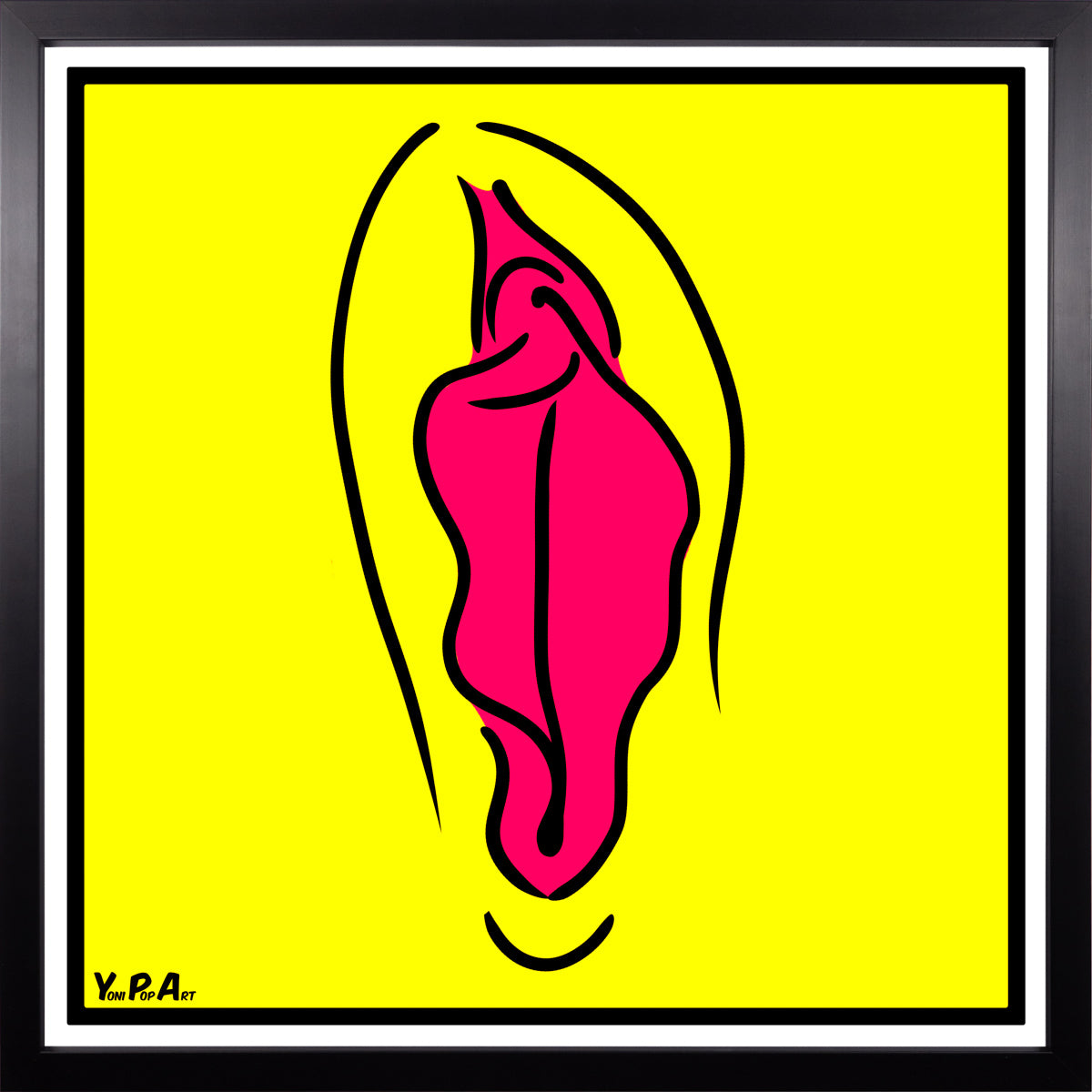 YoniPopArt "Pink on yellow" inklusive Echtholz-Rahmen