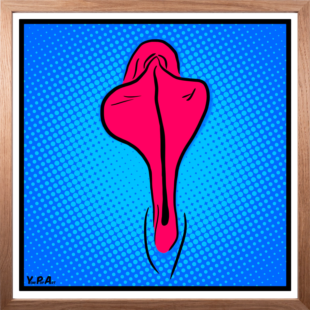 YoniPopArt "Pink flaps on blue points" inklusive Echtholz-Rahmen
