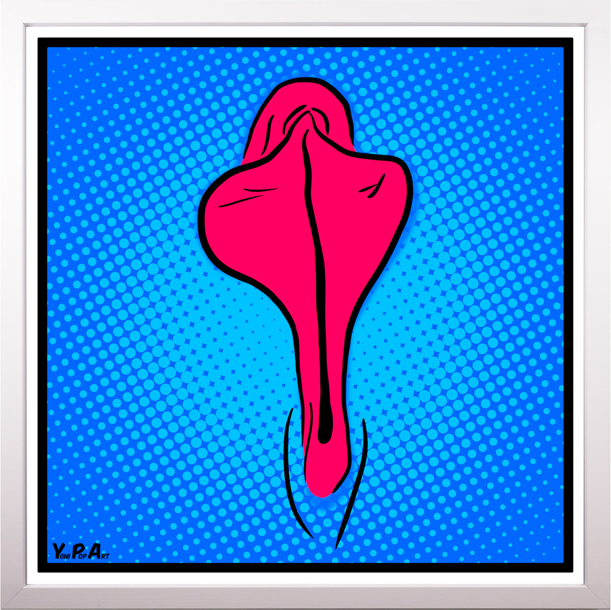 YoniPopArt "Pink flaps on blue points" inklusive Echtholz-Rahmen