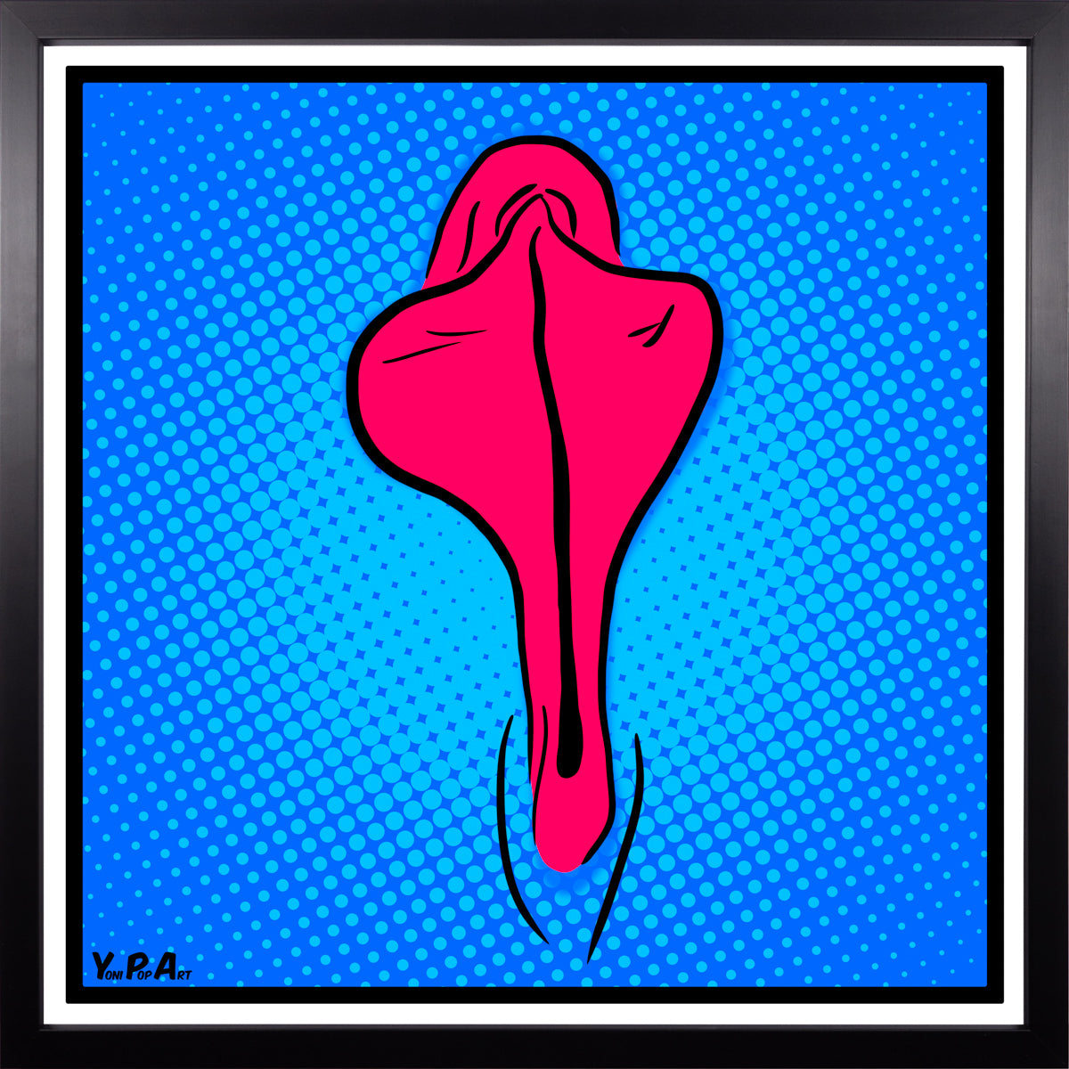 YoniPopArt "Pink flaps on blue points" inklusive Echtholz-Rahmen