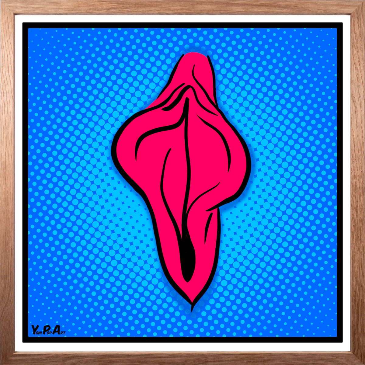 YoniPopArt "Pink flaps on blue points 2" inklusive Echtholz-Rahmen