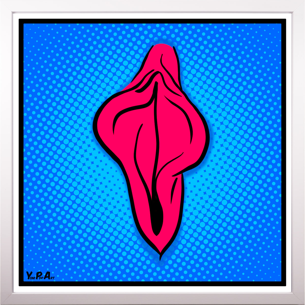 YoniPopArt "Pink flaps on blue points 2" inklusive Echtholz-Rahmen