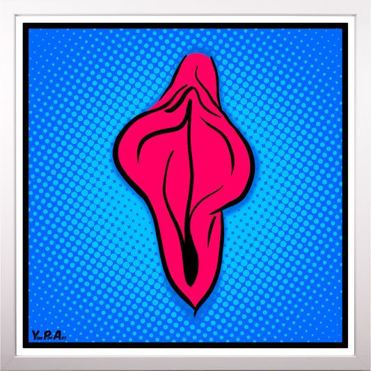 YoniPopArt "Pink flaps on blue points 2" inklusive Echtholz-Rahmen