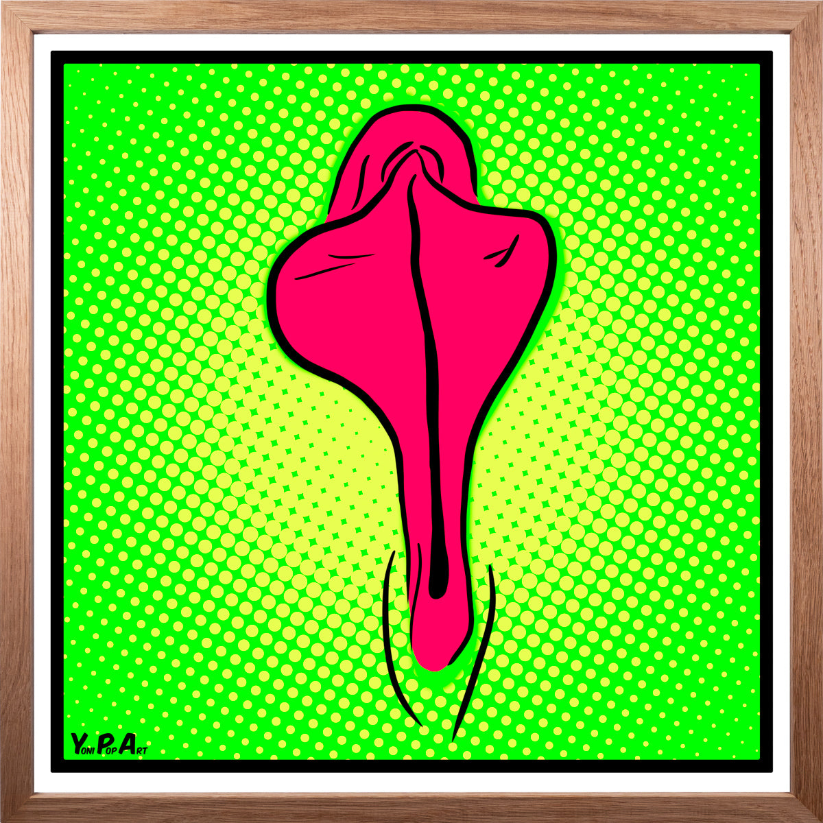 YoniPopArt "Pink flaps on green points" inklusive Echtholz-Rahmen