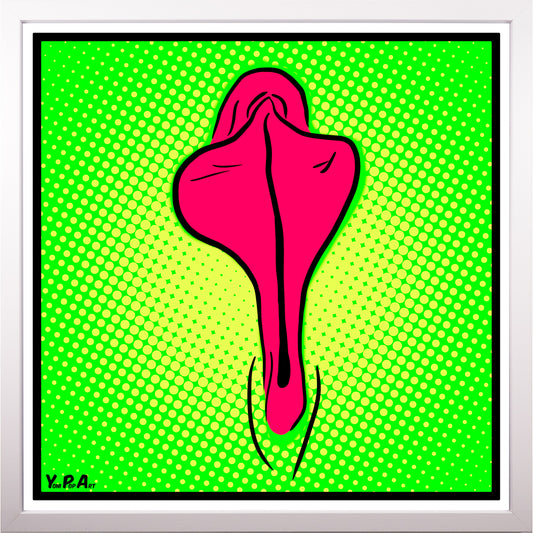 YoniPopArt "Pink flaps on green points" inklusive Echtholz-Rahmen