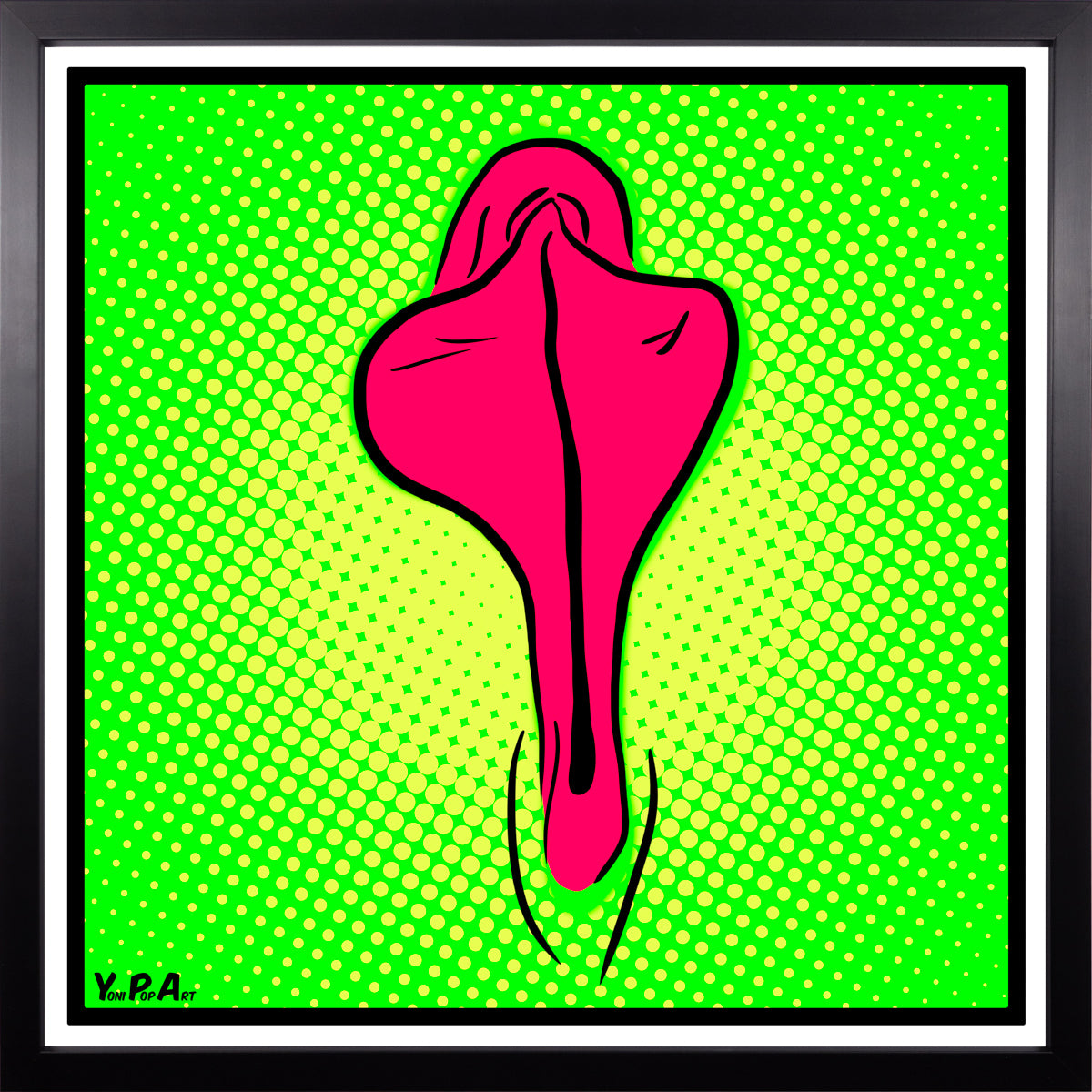 YoniPopArt "Pink flaps on green points" inklusive Echtholz-Rahmen