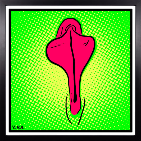 YoniPopArt "Pink flaps on green points" inklusive Echtholz-Rahmen