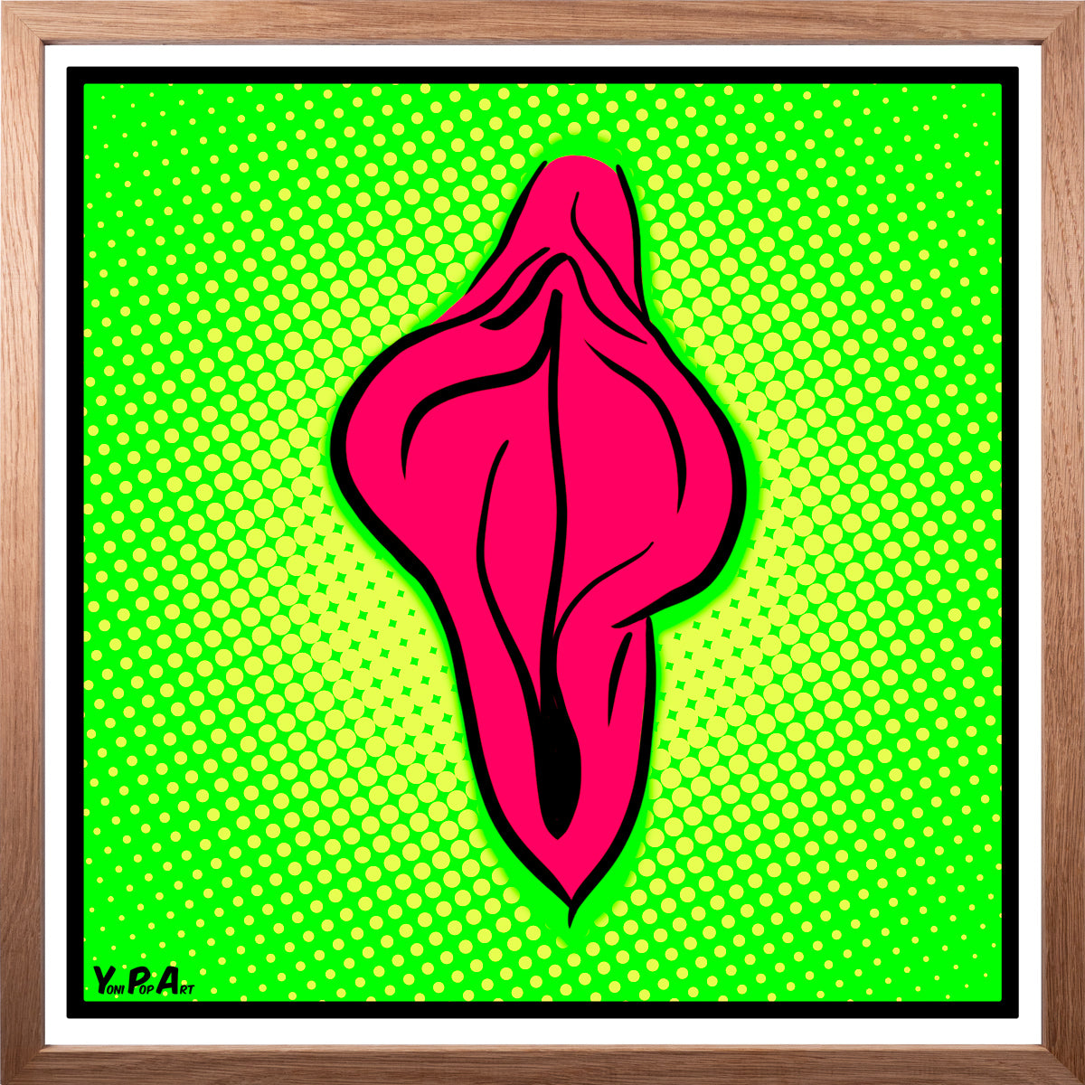 YoniPopArt "Pink flaps on green points 2" inklusive Echtholz-Rahmen