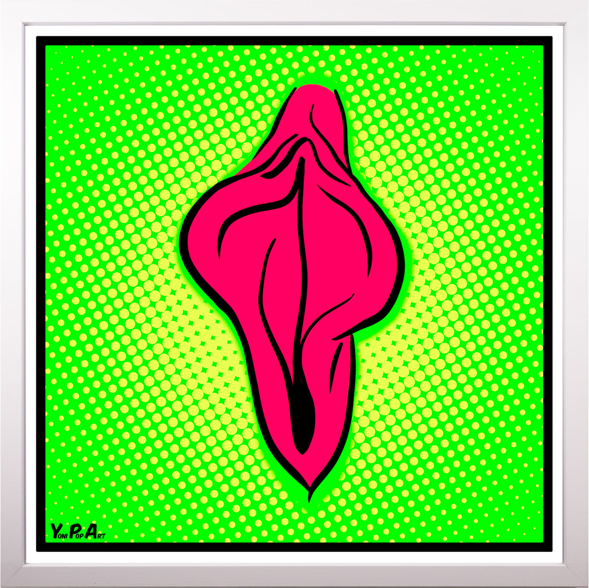 YoniPopArt "Pink flaps on green points 2" inklusive Echtholz-Rahmen