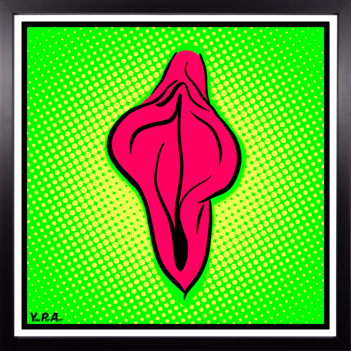 YoniPopArt "Pink flaps on green points 2" inklusive Echtholz-Rahmen