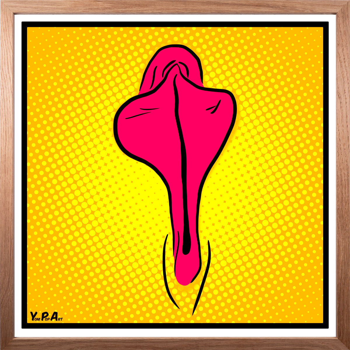 YoniPopArt "Pink flaps on yellow points" inklusive Echtholz-Rahmen