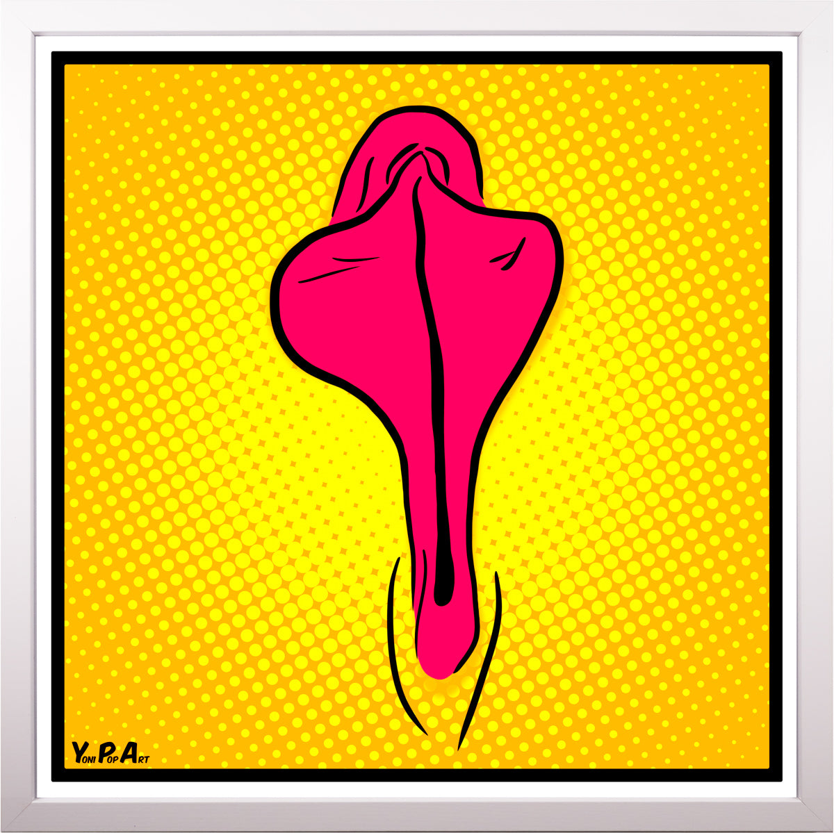YoniPopArt "Pink flaps on yellow points" inklusive Echtholz-Rahmen