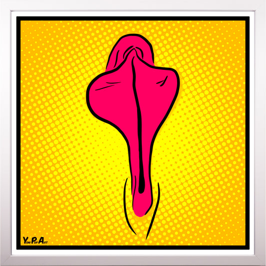 YoniPopArt "Pink flaps on yellow points" inklusive Echtholz-Rahmen
