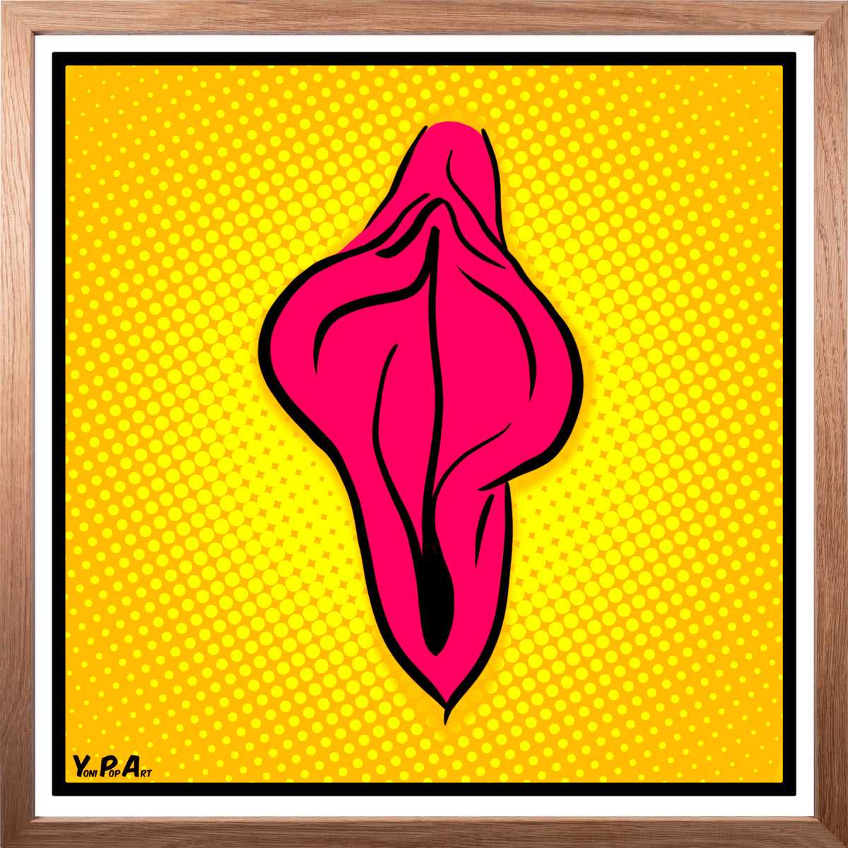 YoniPopArt "Pink flaps on yellow points 2" inklusive Echtholz-Rahmen