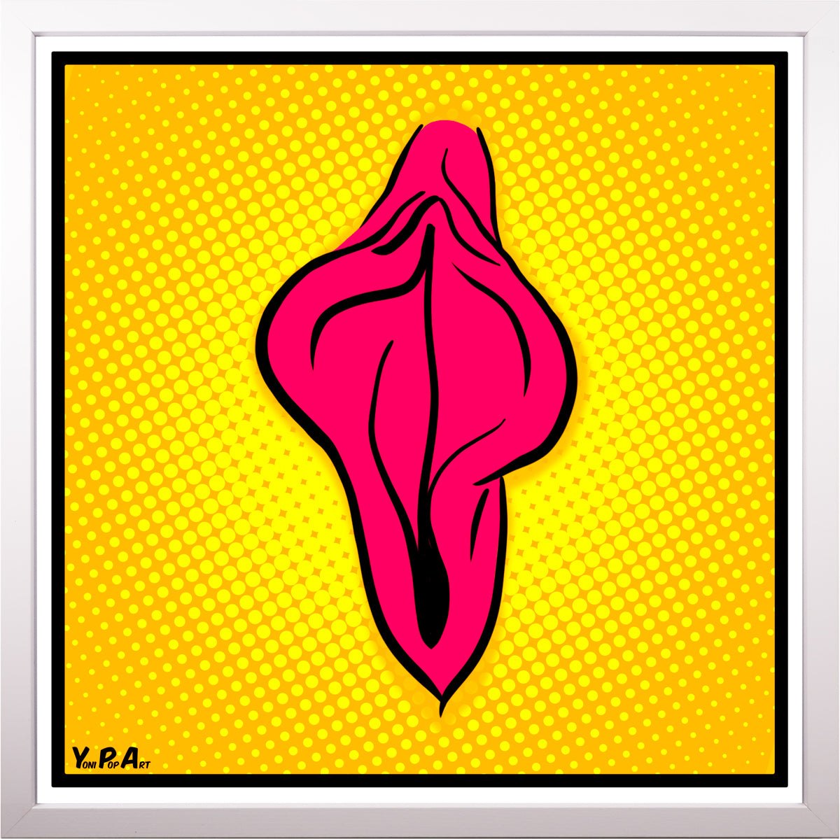 YoniPopArt "Pink flaps on yellow points 2" inklusive Echtholz-Rahmen