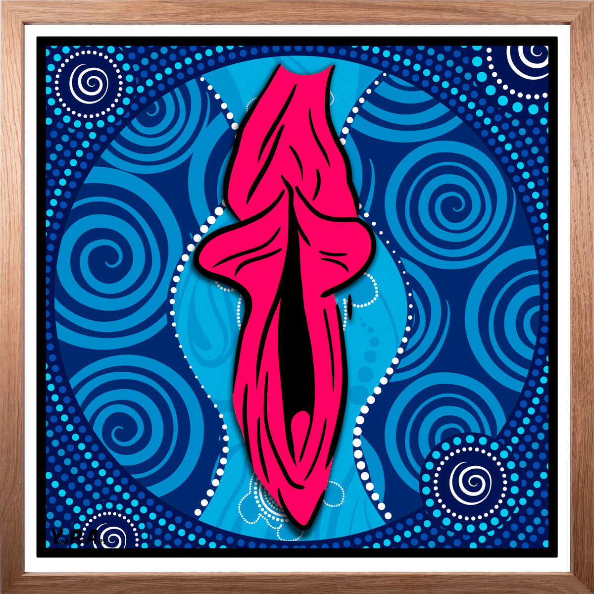 YoniPopArt "Swirling yoni on blue" inklusive Echtholz-Rahmen