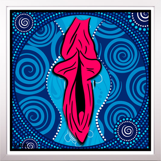 YoniPopArt "Swirling yoni on blue" inklusive Echtholz-Rahmen