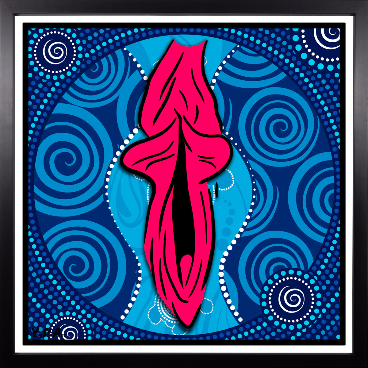 YoniPopArt "Swirling yoni on blue" inklusive Echtholz-Rahmen