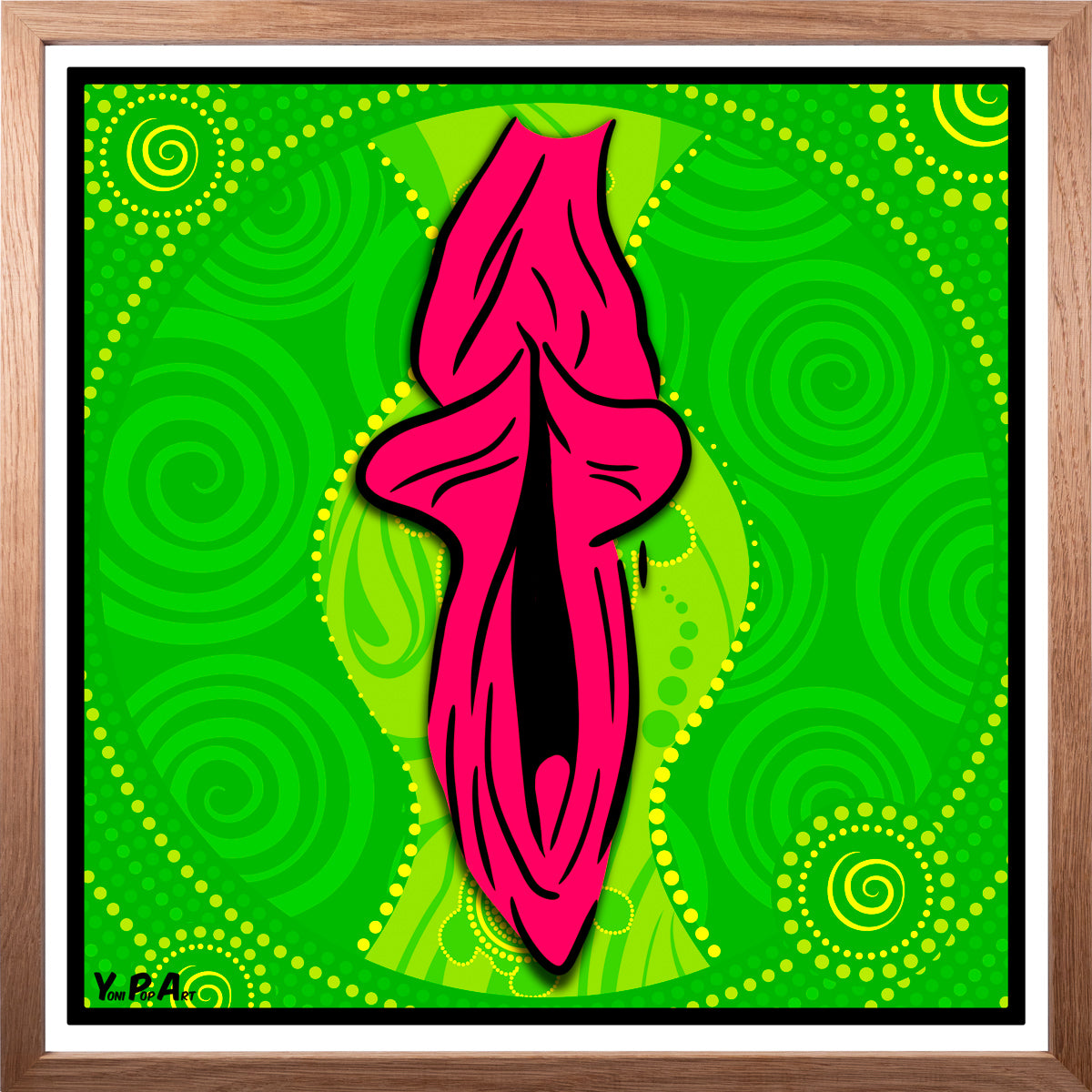 YoniPopArt "Swirling yoni on green" inklusive Echtholz-Rahmen