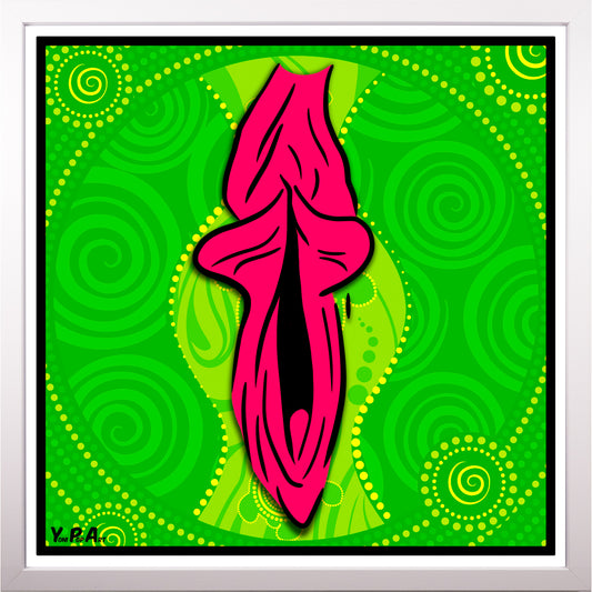 YoniPopArt "Swirling yoni on green" inklusive Echtholz-Rahmen