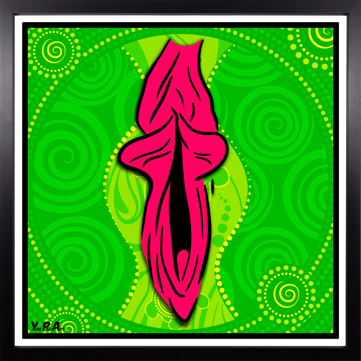 YoniPopArt "Swirling yoni on green" inklusive Echtholz-Rahmen