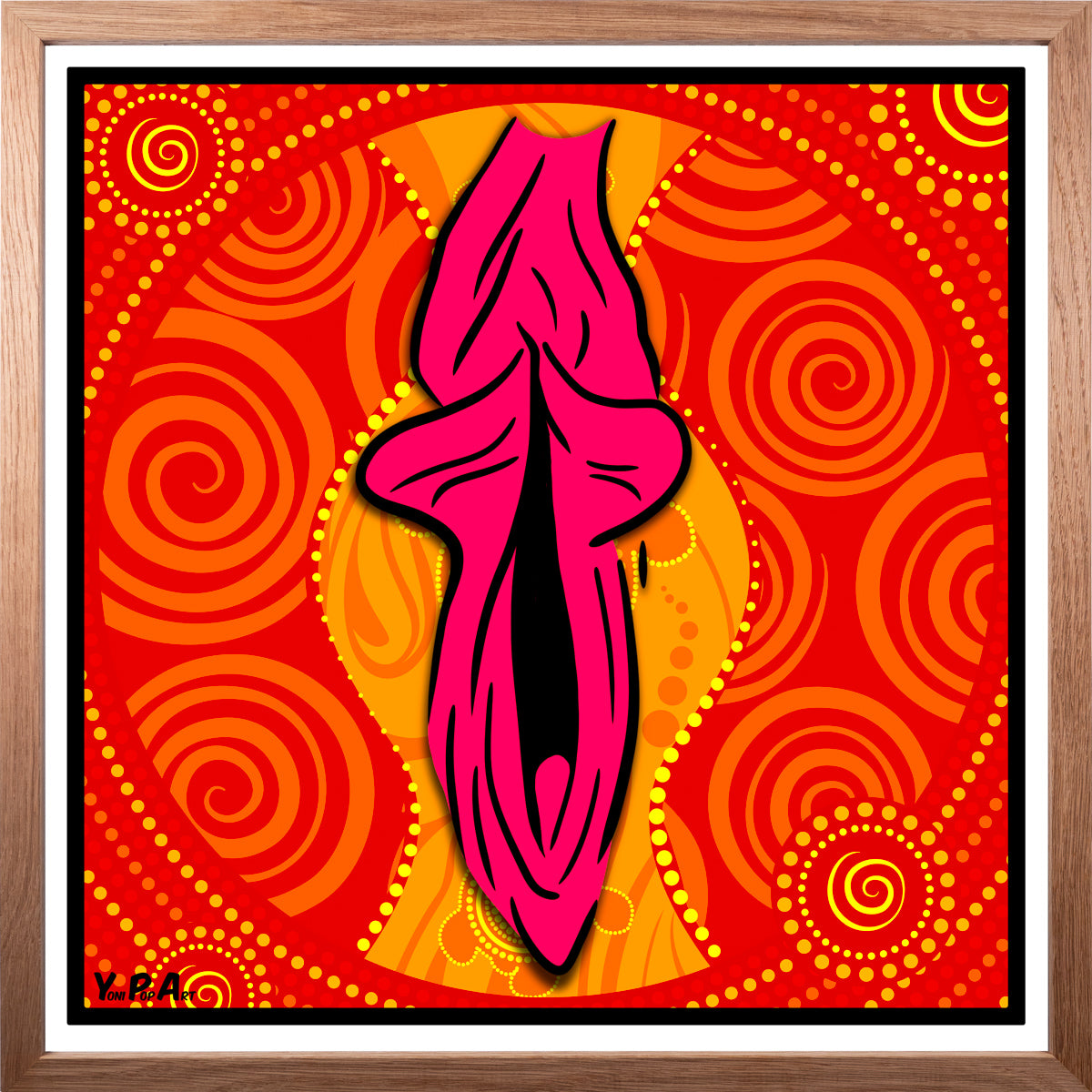 YoniPopArt "Swirling yoni on red" inklusive Echtholz-Rahmen