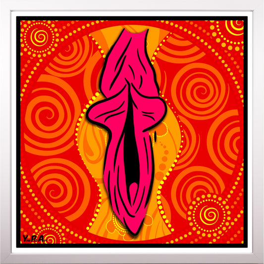 YoniPopArt "Swirling yoni on red" inklusive Echtholz-Rahmen