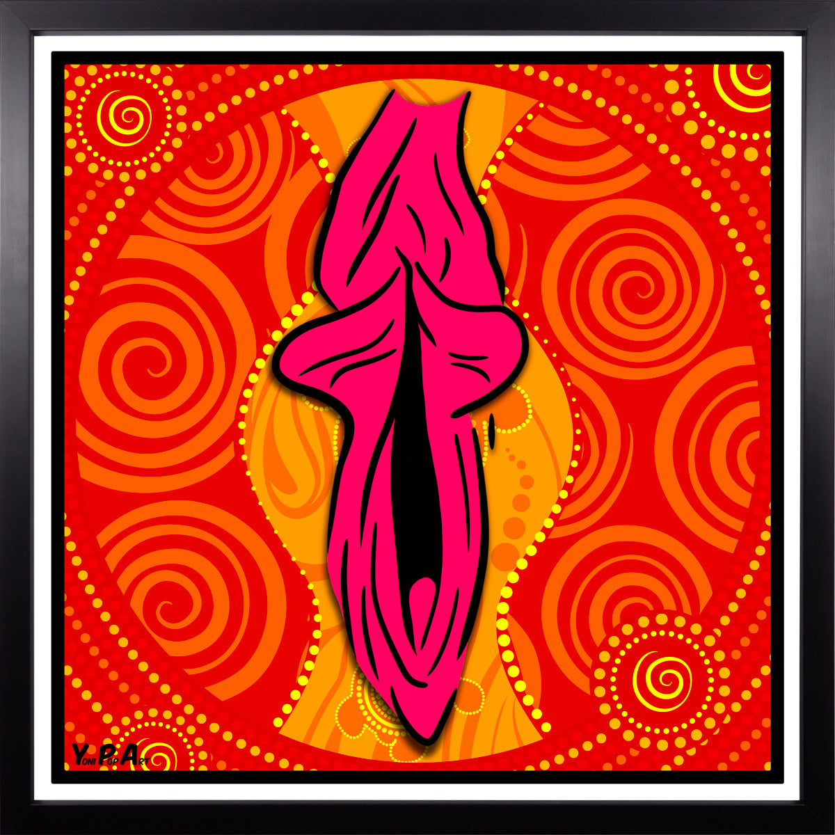 YoniPopArt "Swirling yoni on red" inklusive Echtholz-Rahmen