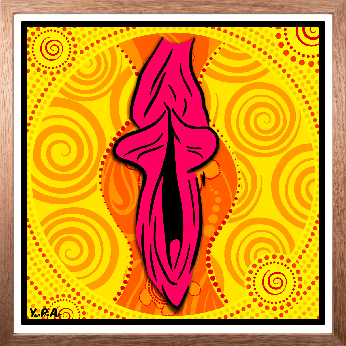 YoniPopArt "Swirling yoni on yellow" inklusive Echtholz-Rahmen