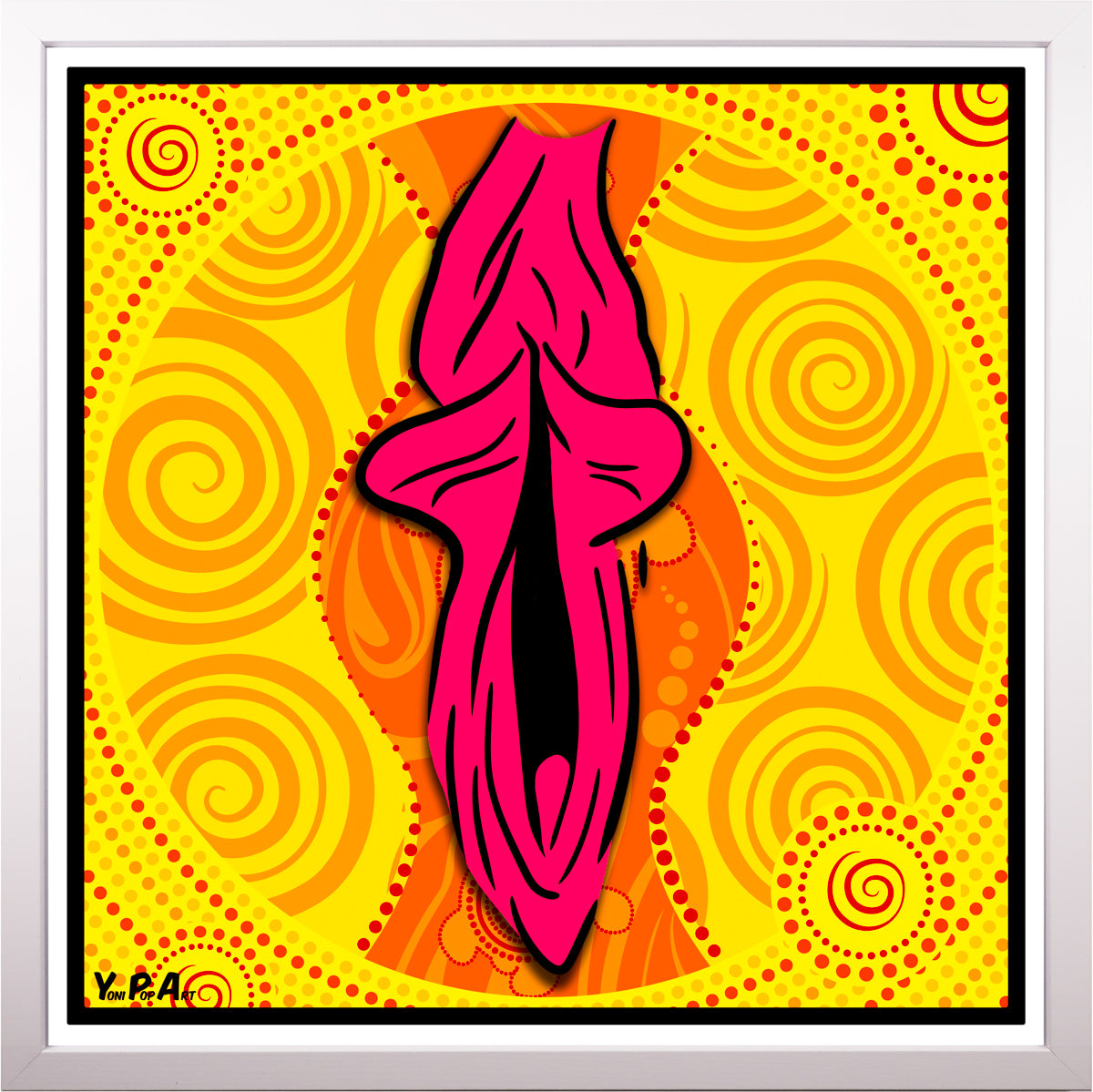 YoniPopArt "Swirling yoni on yellow" inklusive Echtholz-Rahmen