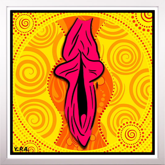 YoniPopArt "Swirling yoni on yellow" inklusive Echtholz-Rahmen