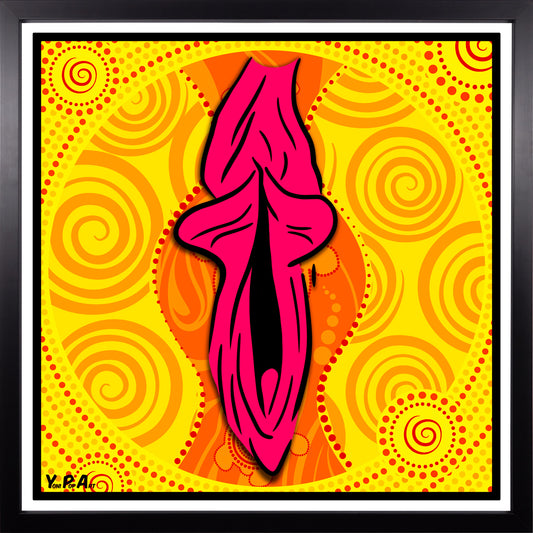 YoniPopArt "Swirling yoni on yellow" inklusive Echtholz-Rahmen