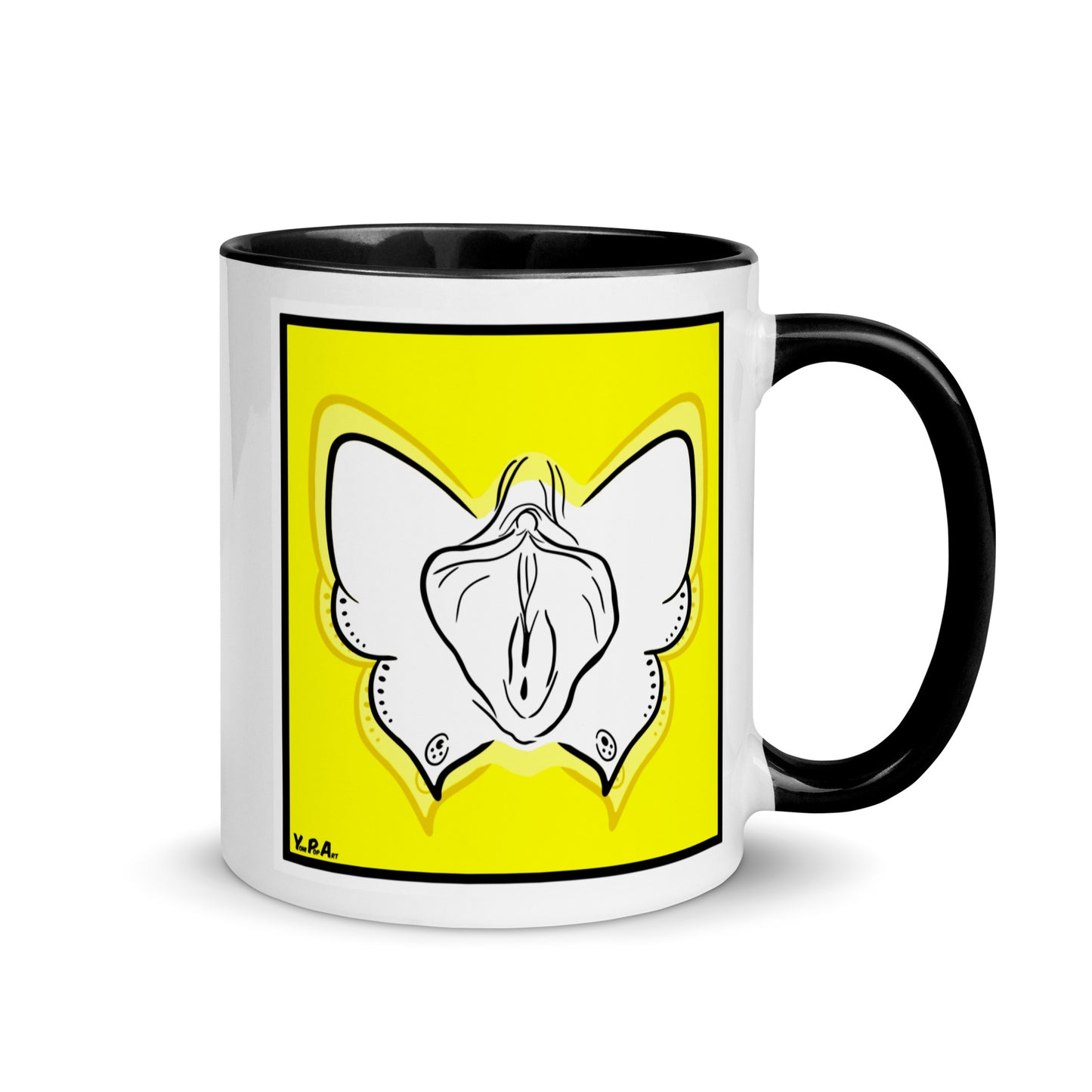 Tasse YoniPopArt "#9 on yellow" mit farbiger Innenseite
