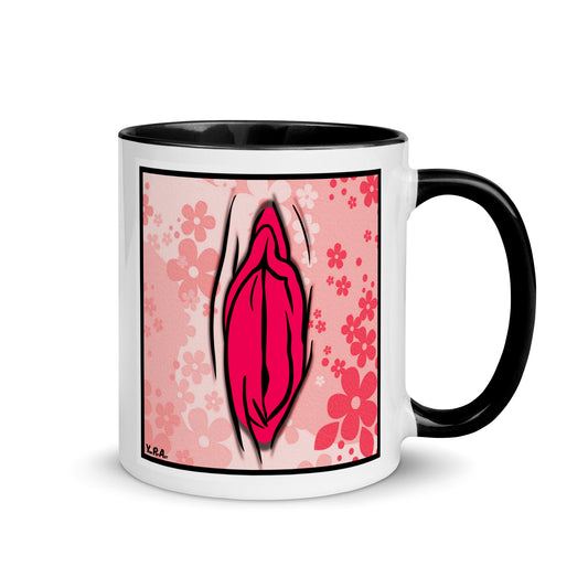 Tasse YoniPopArt "#4 on light red flowers" mit farbiger Innenseite