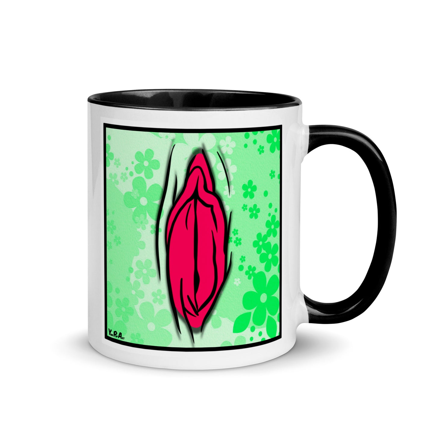 Tasse YoniPopArt "#4 on light green flowers" mit farbiger Innenseite