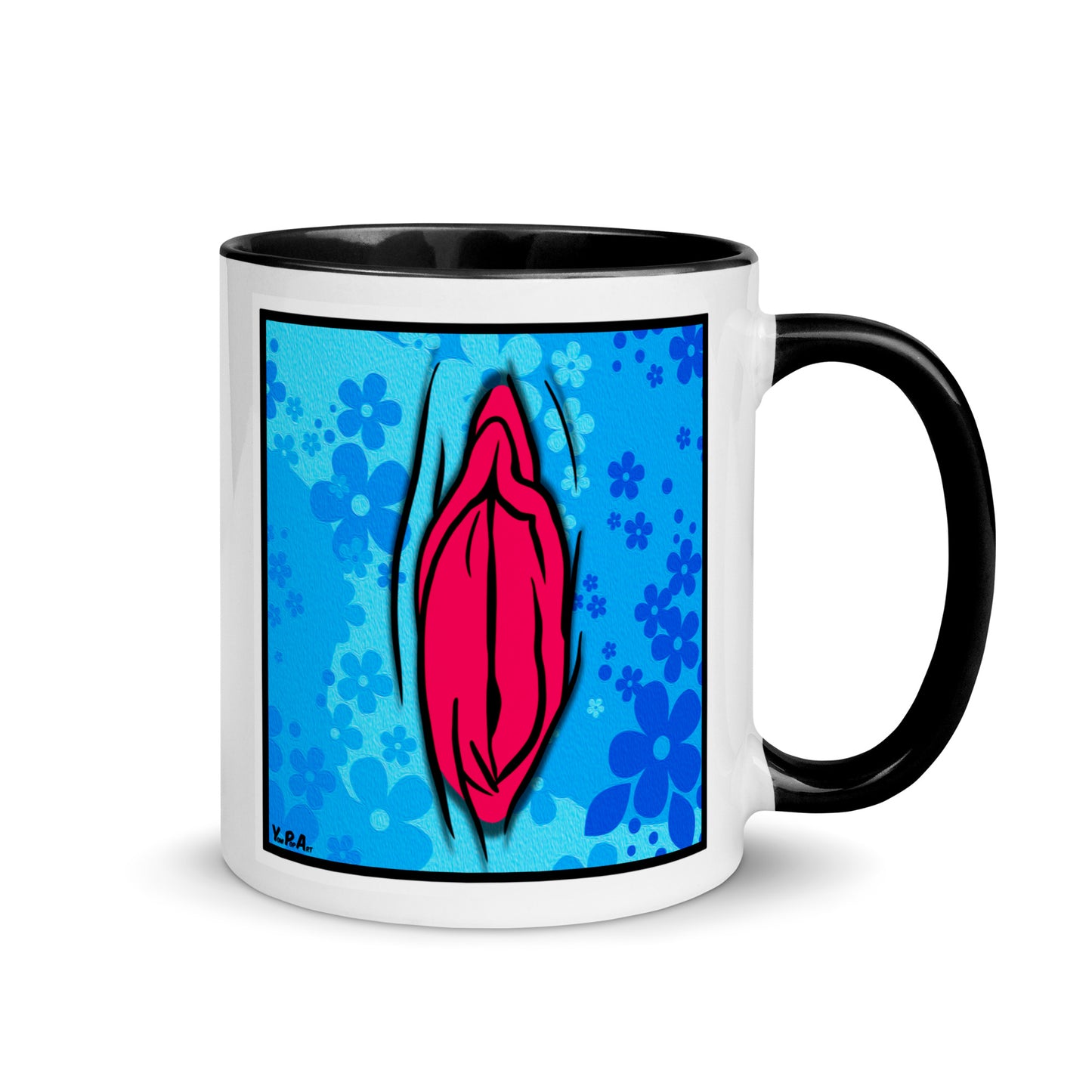 Tasse YoniPopArt "#4 on light blue flowers" mit farbiger Innenseite