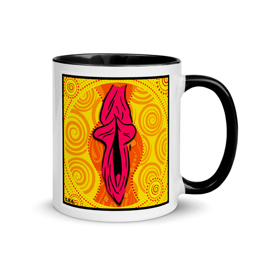 Tasse YoniPopArt "swirling yoni on yellow" mit farbiger Innenseite